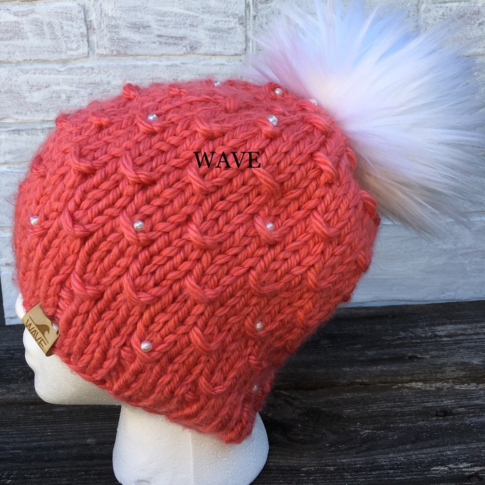 Coral beanie faux fur pom hand knit&custom design